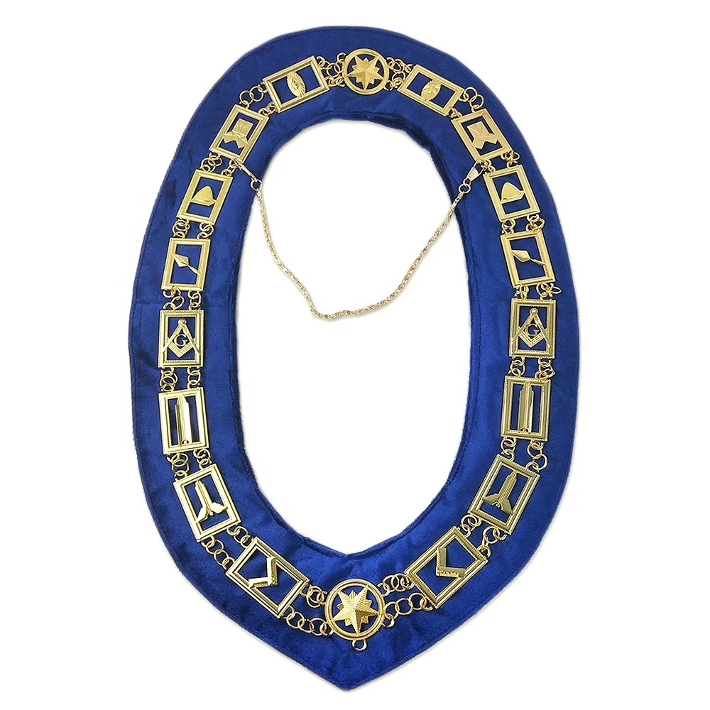 

Mason Regalia Officer Master Fabric Collar With Blue Lodge Grand Chain Masonic Gold Metal Emblems Jewel Accessories