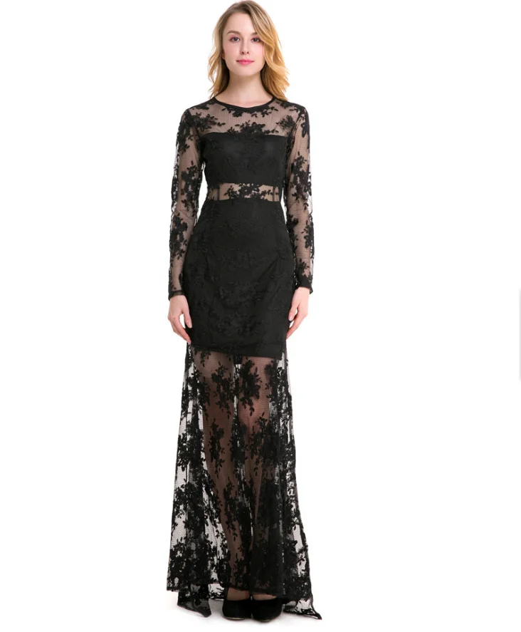 

New Fashion See-through Long Sleeve Black Women Lace Evening Dresses 2018, Black;white