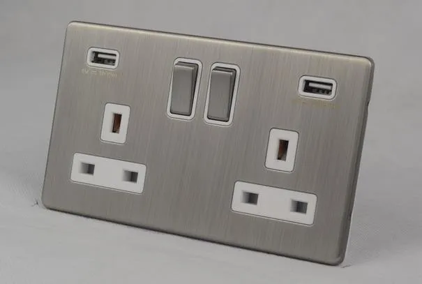 British Standard Metal Range 13A 2 gang switched socket 3.1A USB outlet wall socket uk