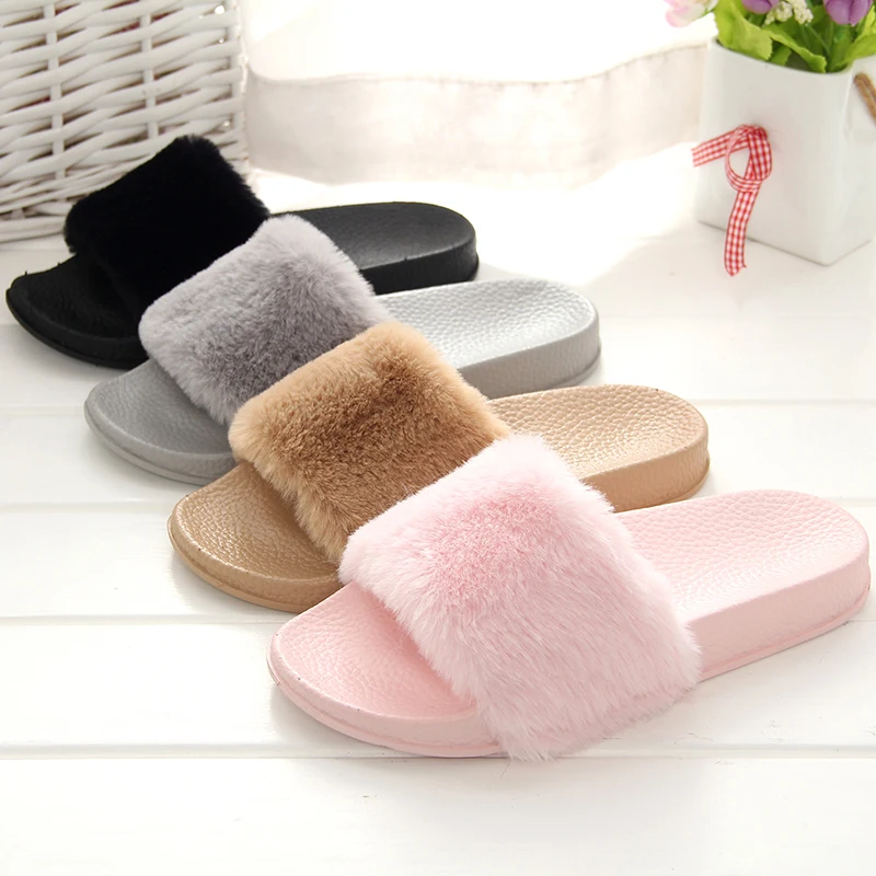 

Short Faux Fur Slide Indoor Sandal Slipper, Greey,pink,white,black