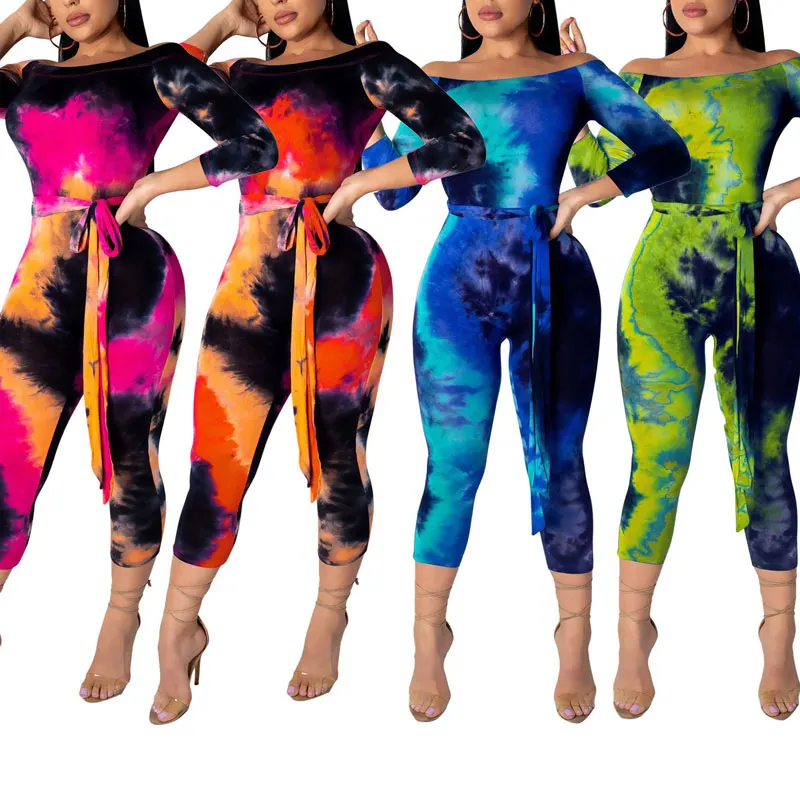 

90305-MX1 4 colors printed off the shoulder jumpsuit women fashion