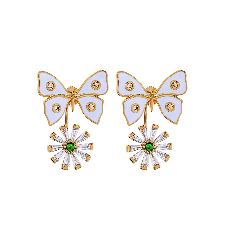 

me00195 Copper Gold Plated 925 Silver Post Zircon Enamel Butterfly Daisy Flower Fashion Earrings 2019