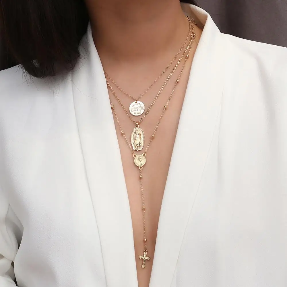 

Virgin Mary Cross Pendant Choker Necklace Vintage Coin Boho Multilayer Gold Long Necklace (KNK5070), Silver, gold