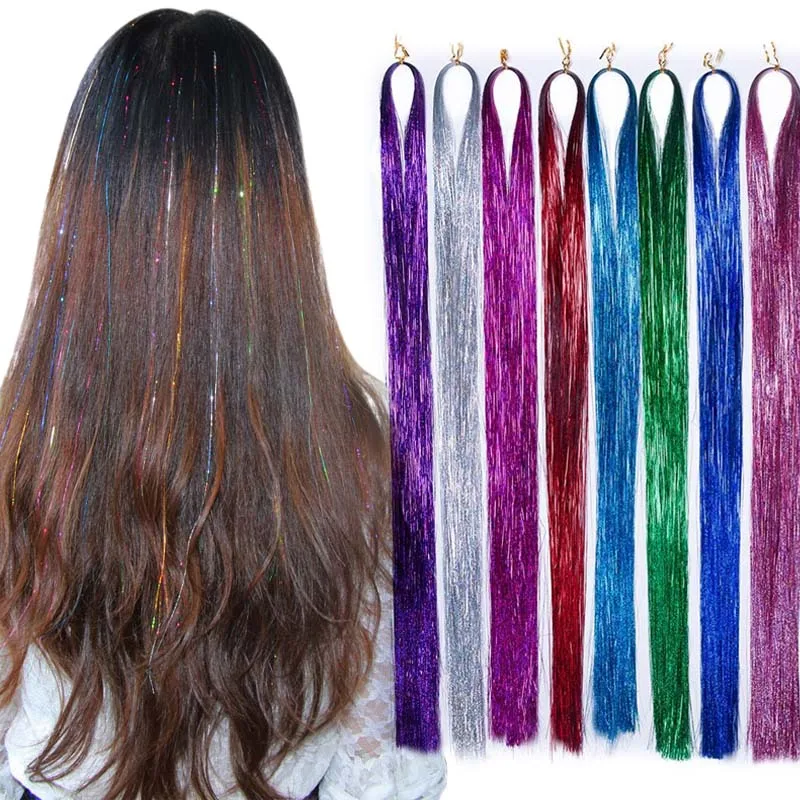 

48inch 120cm Bling Rainbow Silk Hair Tinsel Extension Glitz colorful Synthetic Tinsel Hair Extensions, 12 colors on sale and custom color