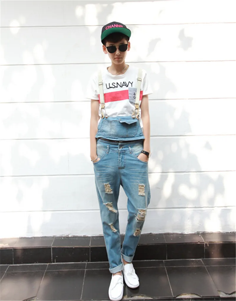 FLCH+YIGE Womens Ripped Hole Bib Overall Jumpsuit Casual Jeans Pants