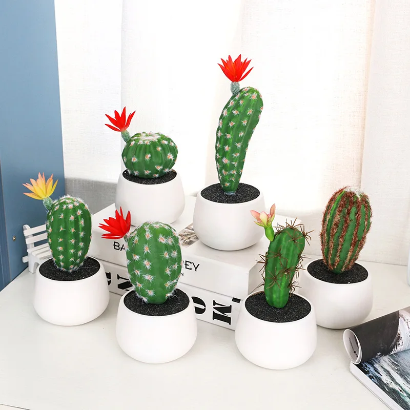 

Faux Artificial Cactus Plants with Red Flower and White Ceramic Pot for Home decor