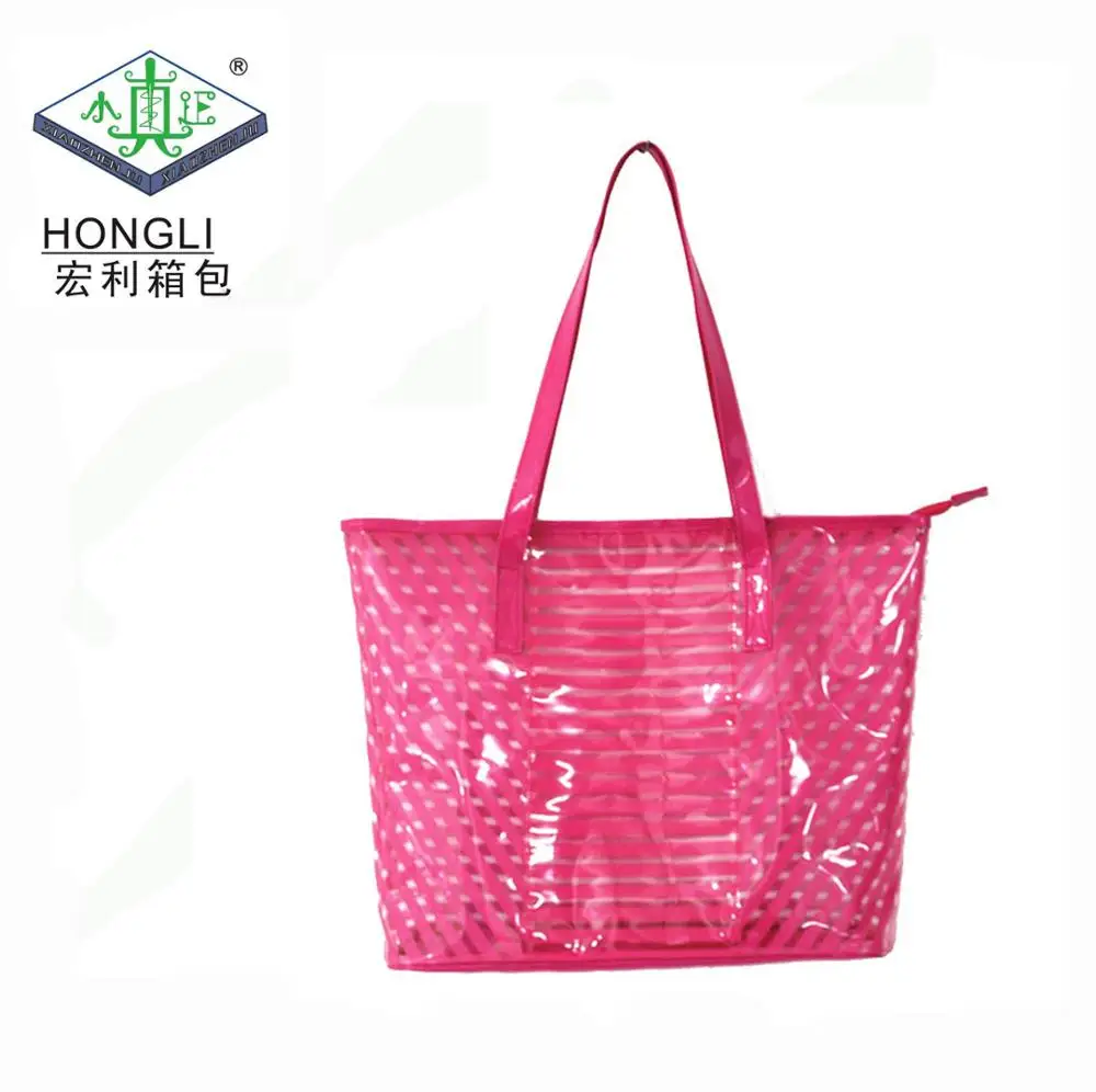 

Transparent Zipper Beach Shoulder Clear Stripes Print PVC Shopping Bag