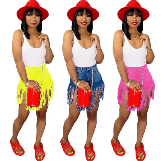 Summer jeans tassel skinny shorts high waist denim casual short trousers women blue pink yellow colour overall