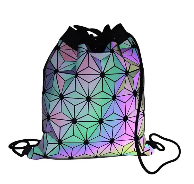 

Laser geometric luminous pu leather drawstring cinch backpack gym sports bags for promotion bag, Custom made