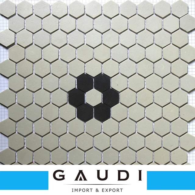 Hexagonal black and white ceramic mosaic tiles