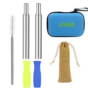 Image of Reusable Stainless Steel Telescopic Straws Portable Metal Straw with Case Collapsible Metal Cleaning Brush Silicon Tips