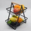 Wood Handle Modern Kitchen Countertop Decorative Apple Grape Orange Iron Mesh Storage Stand 2 Tier Black Metal Wire Fruit Basket