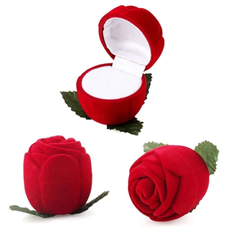 

Romantic Rose Ring Box Flower Flocking Holder Velvet Wedding Propose Engagement Valentine Day Gift Box Packing Jewelry Case, Red