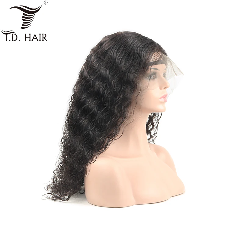 

TD hair 9A grade Natural color virgin peruvian human hair water wave lace frontal wig for wholesale, #1b natural black (can made any colors you want)