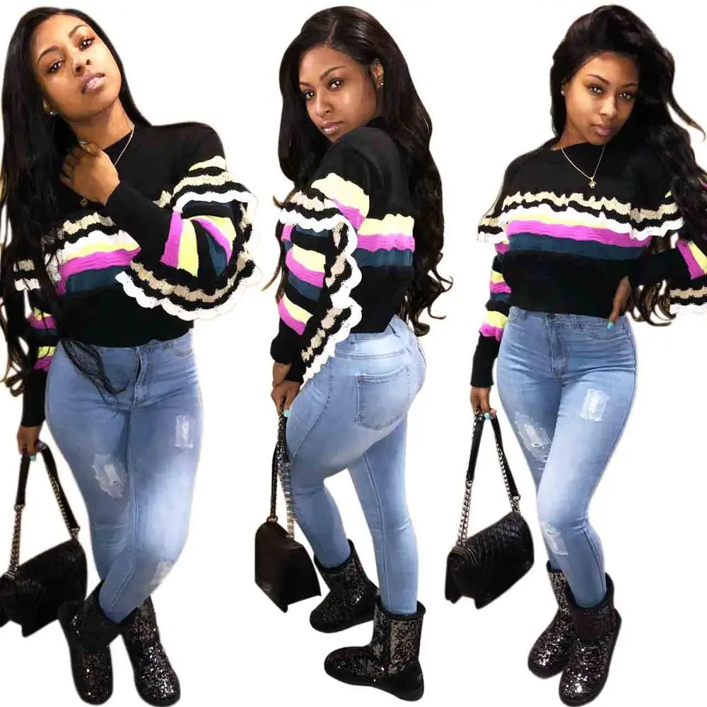 

European and American classic striped Wooden ear sweaters top M814