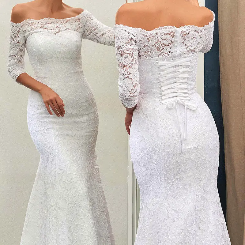

NE272 Newest Lace Wedding Dress Mermaid Off Shoulder Gown Custom Size Illusion 3/4 Sleeve Length Bridal Gown, Default or custom