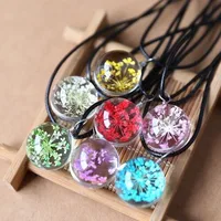 

NEW Fashion Transparent Crystal Ball Glass Dried Flower Leather Necklace Pendant Jewelry