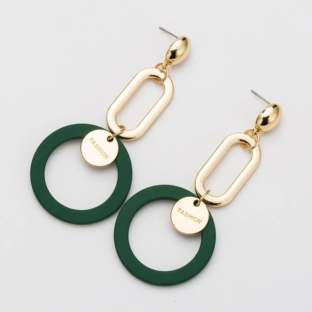 

Fashion Statement Circle Acetic Acid Drop Earrings Gold Tone Alloy Oval Green Acrylic Circle Dangle Earrings With Coin Pendant, As picture