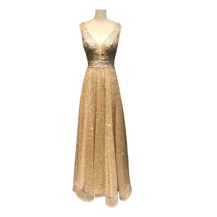

Gold Evening Dress 2018 A Line Shiny Fashion Sleeveless Long Ladies Prom Dresses, As image or custom made for evening dresses 2018