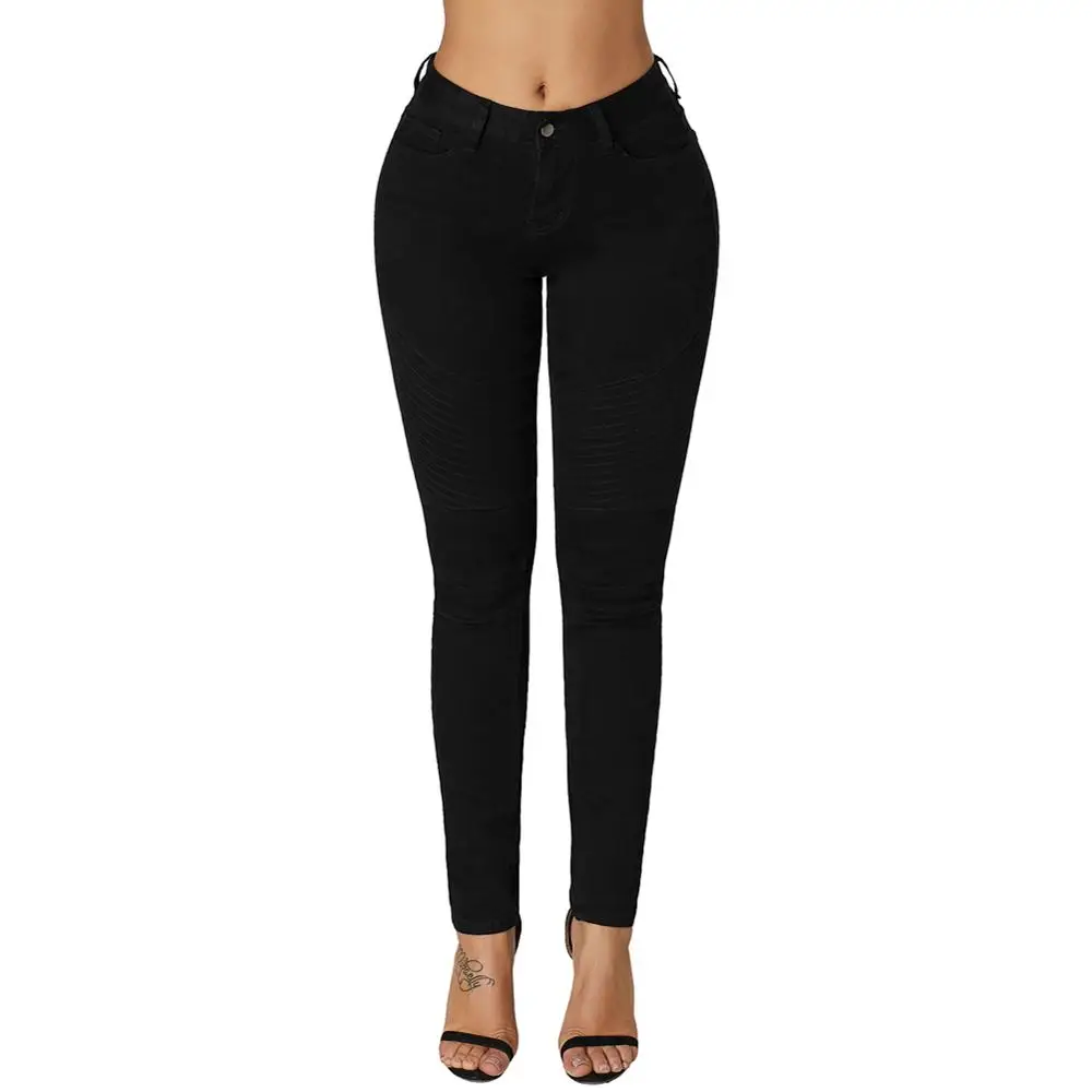 

Women's Ribbed Texture Detail Black Denim Jeans Pants, Customized