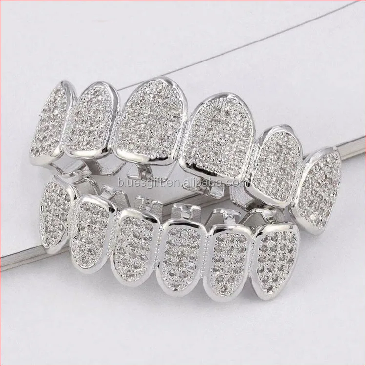 

Blues New Custom Fit Silver Color Micro Pave Cubic Zircon Top Bottom Teeth Grillz TG126-S1, Silver,realll gold