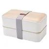Wooden Printing Style Lunch Box, Double Layer Rectangle Leak Proof Microwave Heated Safe Kids BPA Food Grade PP Tiffin Lunch Box