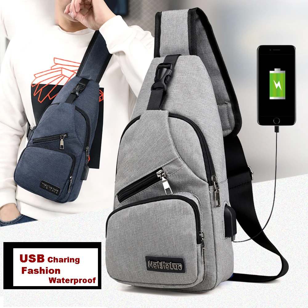 

USB Charging Port Sport sling bag Unisex single shoulder chest bag One Shoulder messenger bag for men fits for 9.7 inch Laptop, Black blue grey