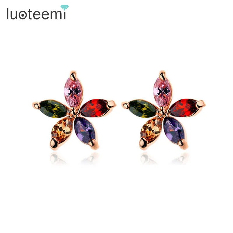 

LUOTEEM Wholesale Free Shipping Summer Flower A AA+ Colorful Cubic Zirconia Ear Stud Rose Gold Plated Women Fashion Stud Earring