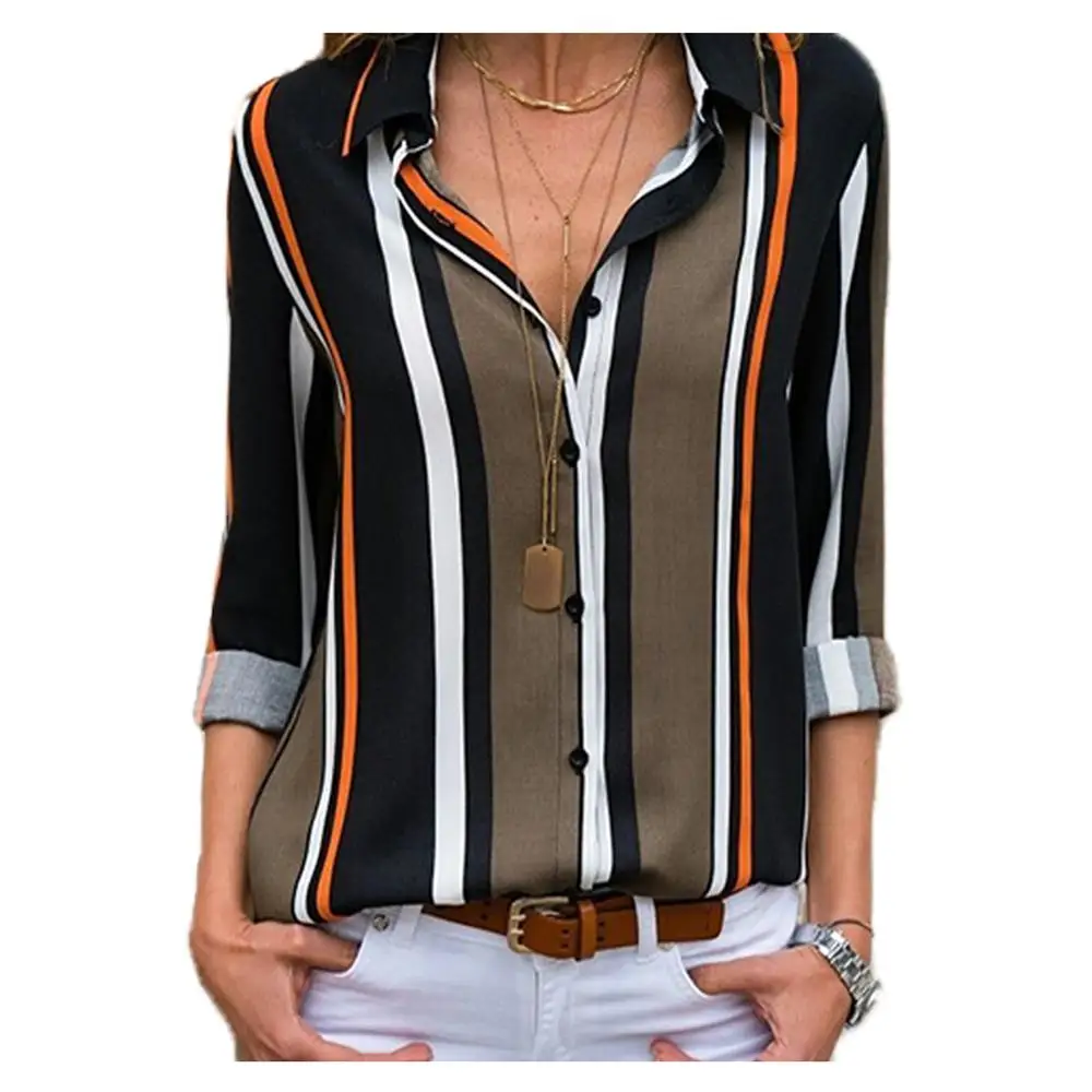 

Women V Neck Stripes Shirts Roll up Long Sleeve Button Down Blouses