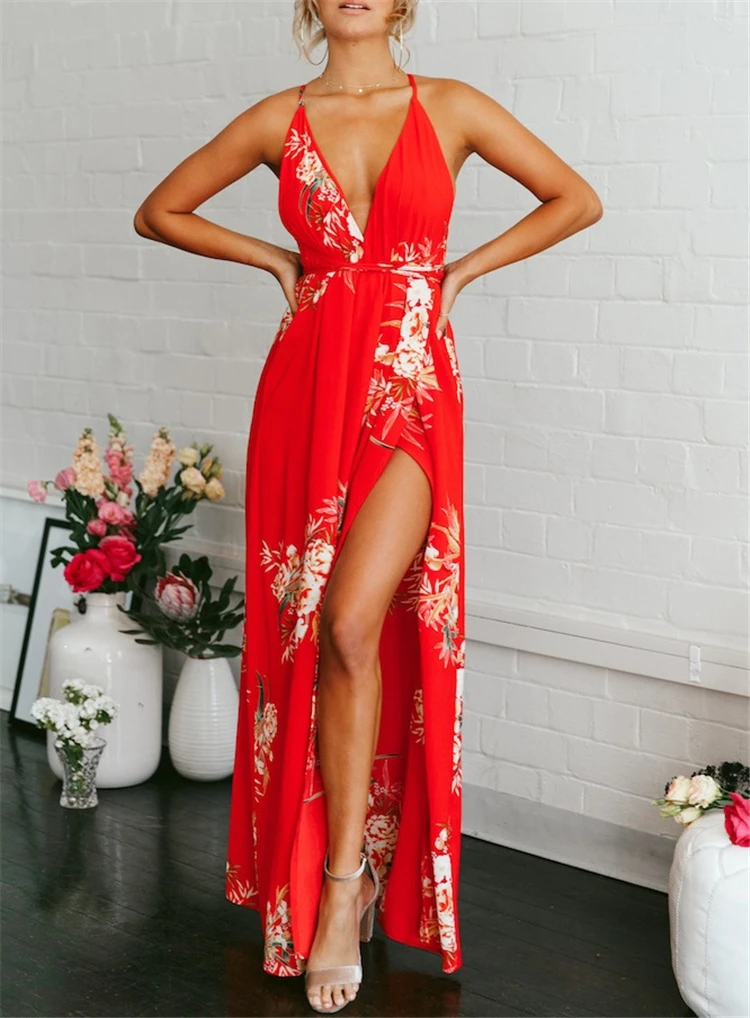 Mature Women Sexy Summer High Split Maxi Dresses Floral Print Open 