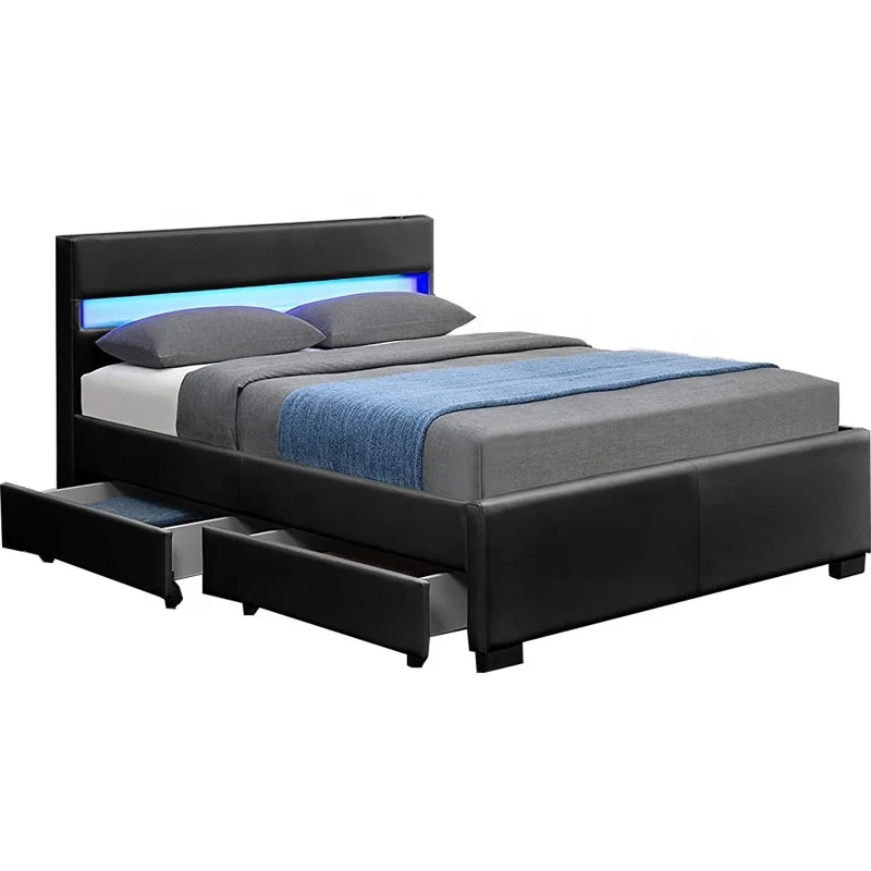 LED PU leather bed with drawers