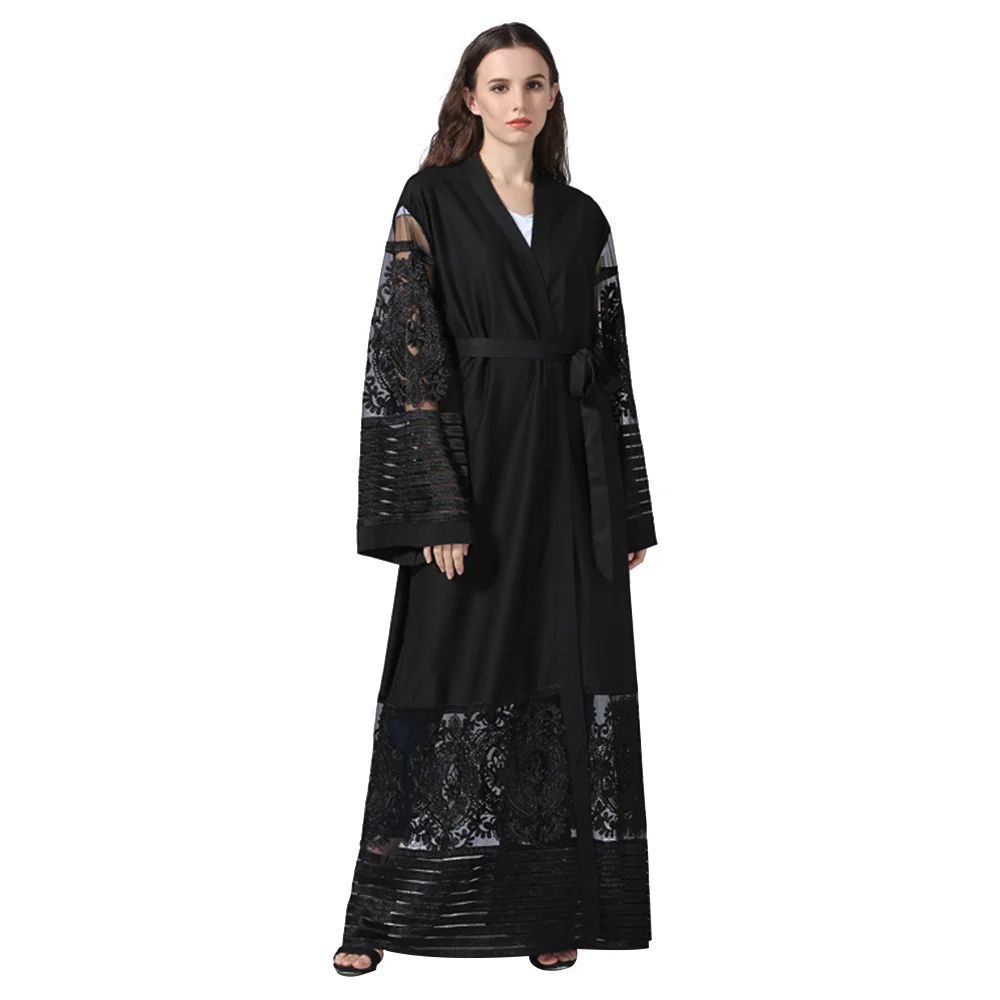 

Zakiyyah 1546 black women clothing dress long sleeve kaftan morocco front open abaya with lace, Purple;black