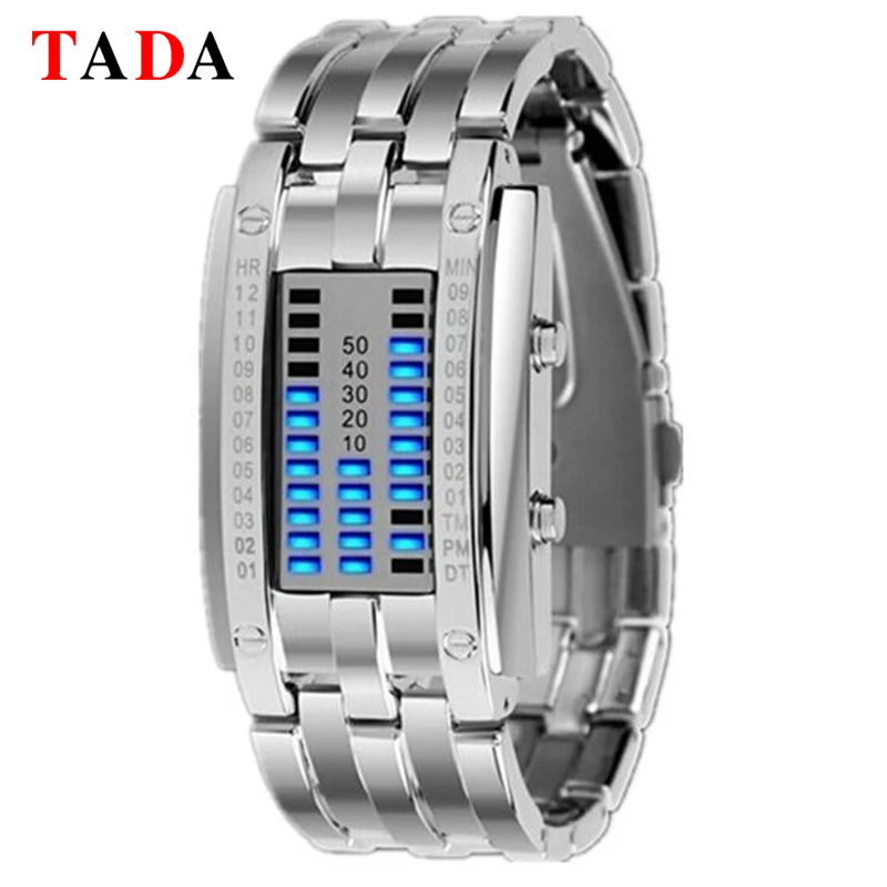 

TADA Brand Luxury Binary Electronic Watches Military Silver/Black Stainless Steel Waterproof Women Men Digital Led Sports Watch