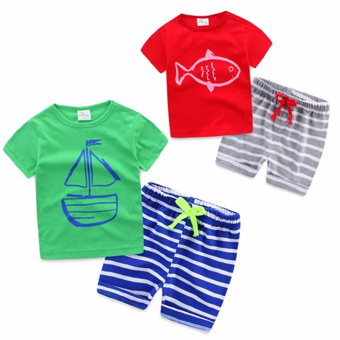 

Kids Boy Cartoon Clothing 2 PCS Set Kids Baby Boy Summer Clothes Sets Pirate Ship Printed T-Shirt+ Stripe Pant