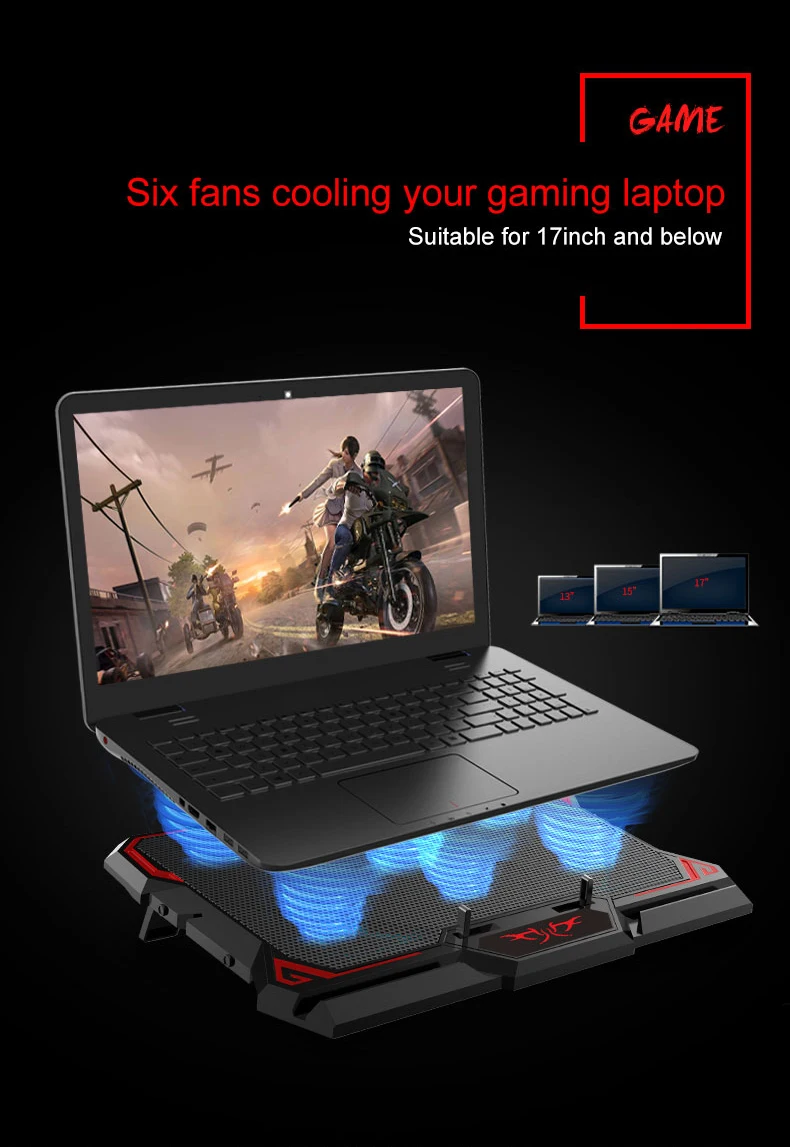 Coolcold Laptop cooler 6 silent led fans usb laptop cooling fan ajustable gaming notebook cooler for 17 Inch laptop