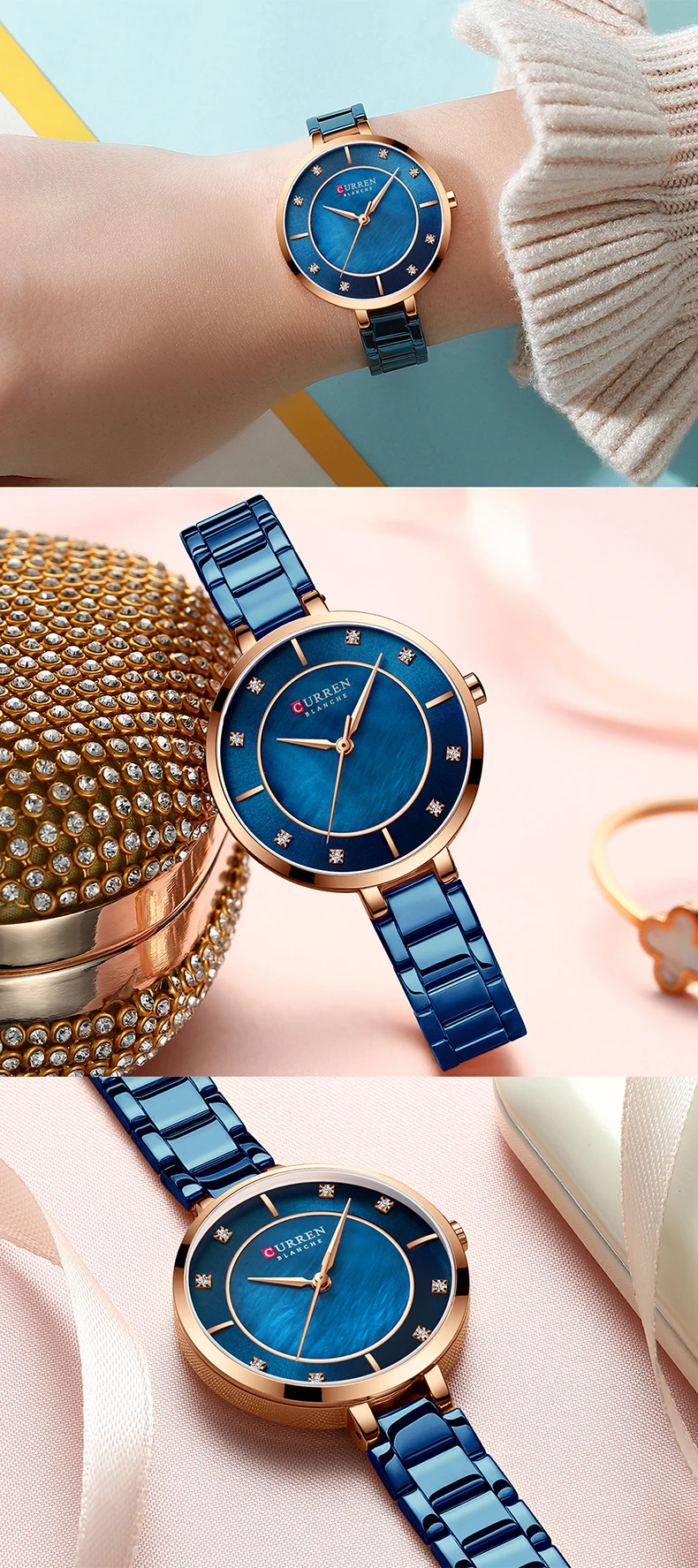 CURREN 9051 Ladies Watches Fashion Elegant Quartz Watch Women Dress Wristwatch Rhinestone Set Dial Rose Gold Steel Band Clock