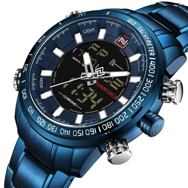 

NAVIFORCE Men Watch 9093 Luxury Quartz LED Digital Watches Men Wrist Watch Full Steel Military Wristwatches Relogio Masculino, 7-color
