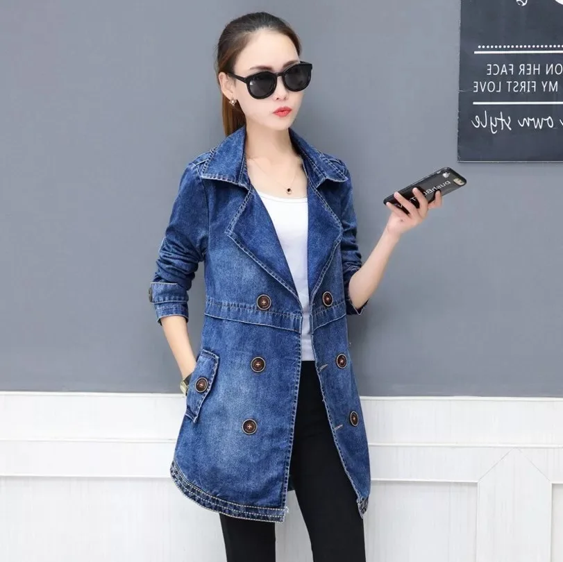 

women autumn long denim casual trench coat 2018 new double breasted Cowboy Windbreaker female elegant fashion outerwear coats, N/a