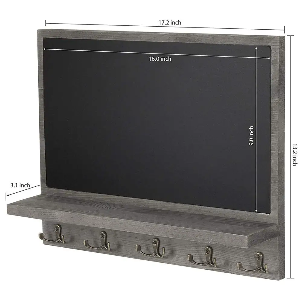 
Home Decor Rustic Style Wood Wall Mounted Chalkboard Message Board with Key Hooks 