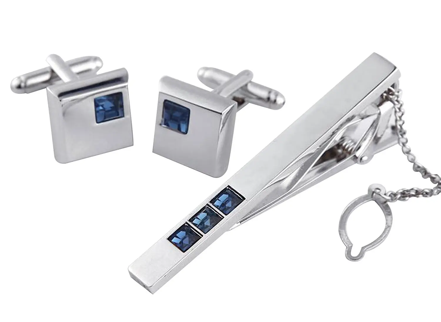 Aooaz 3Pcs Mens Cufflinks and Tie Clip Set Stainless Steel Blue CZ Rectangle Tie Pin Shirt Dress 2X1CM