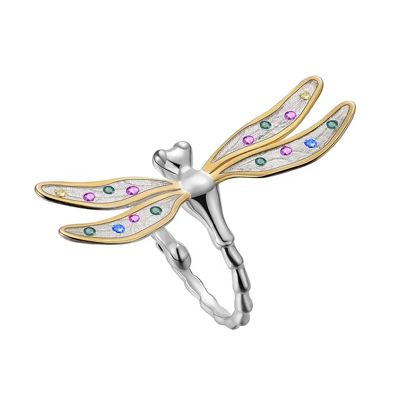 

Wholesale Custom 925 Silver Multicolor Zirconia Beautiful Dragonfly Design Ring For Ladies Vintage Christmas