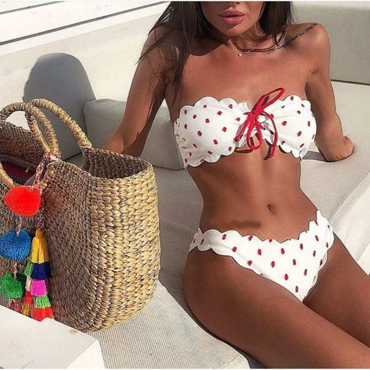 

Stock Special Top Sale Ladies Lacing scalloped Ribbed Polka Dot Bandeau Bikini Set, As shown or customized