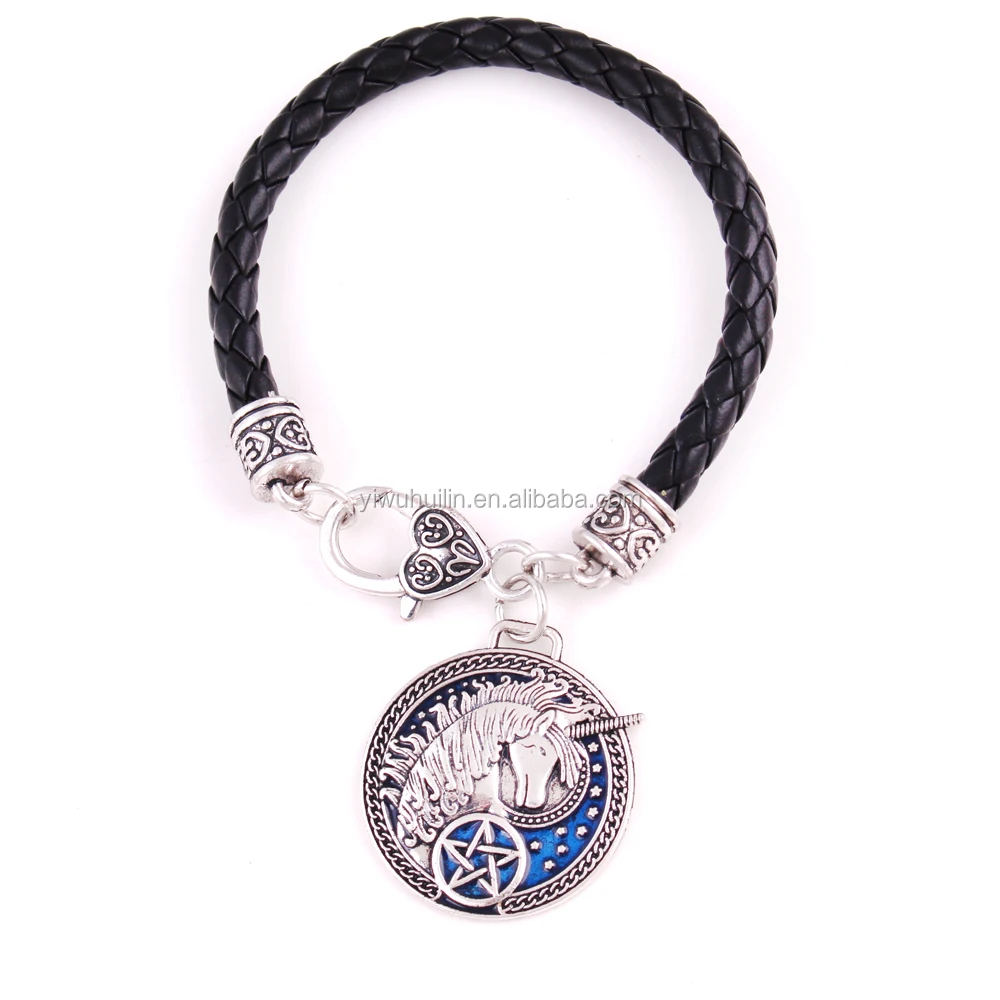 

LB132 Huilin Jewelry Fashion Style Blue Enamel Unicorn Round Pendant Bracelet Leather Women's Bangle Bracelet Wholesale