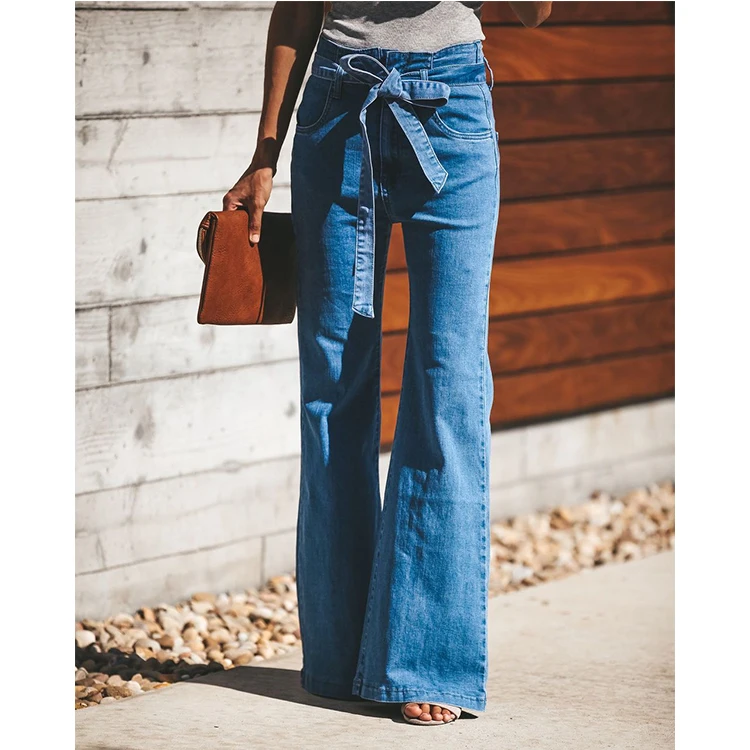 Flare Jeans Women High Waist Blue Jeans Wash Vintage Wide Leg Belted Stretchy Denim Jeans Women