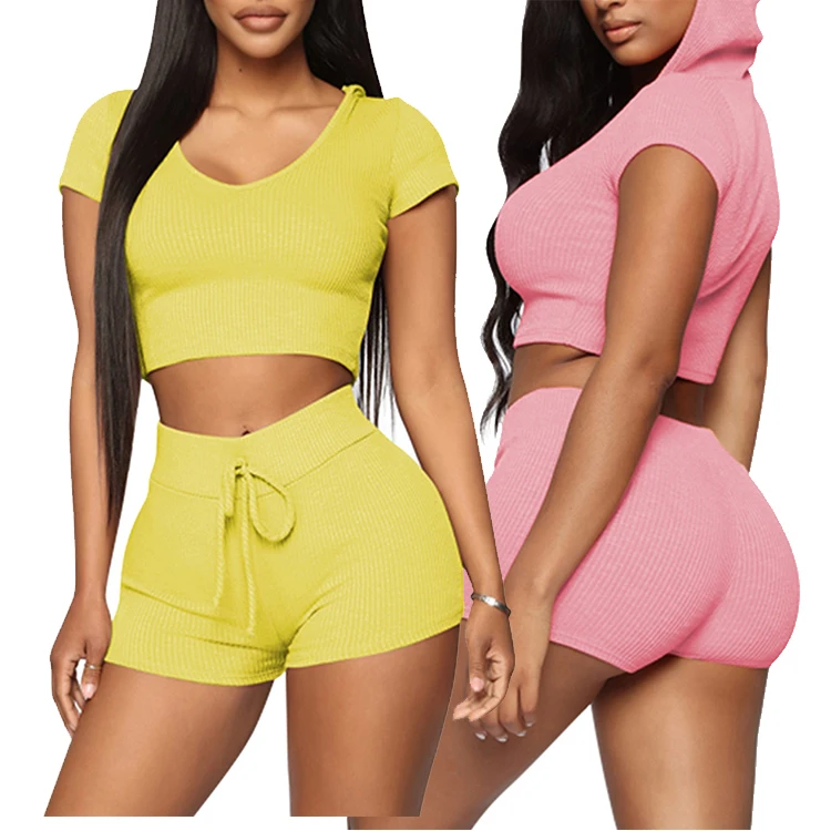 Wholesale China Factory  High Elastic Short Sleeve Ribbed Cropped Set With Cap Ladies