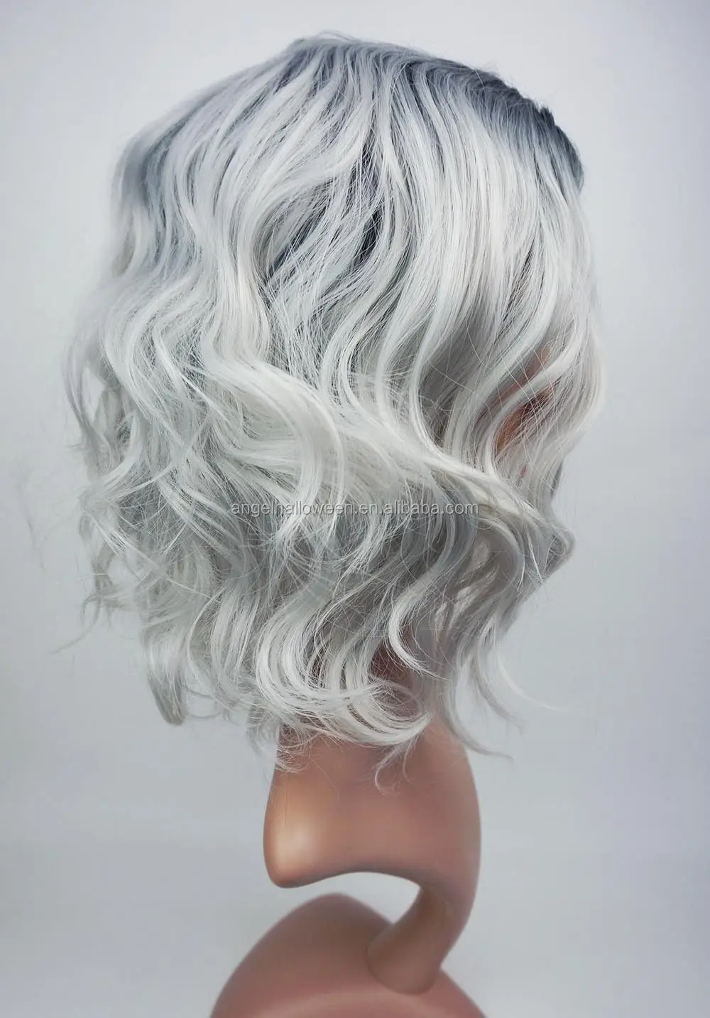 Ombre Silver Grey Black Roots Medium Length Wavy Synthetic Wig