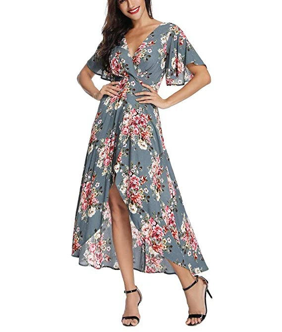 

2019 OEM customer evening Shawl dress short sleeve V collar floral flowing high and low women's beach Bohemian dresses, Green ,customized color