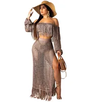 

Sexy hollow out mesh transparent with tassel split women two piece set clothing 3554