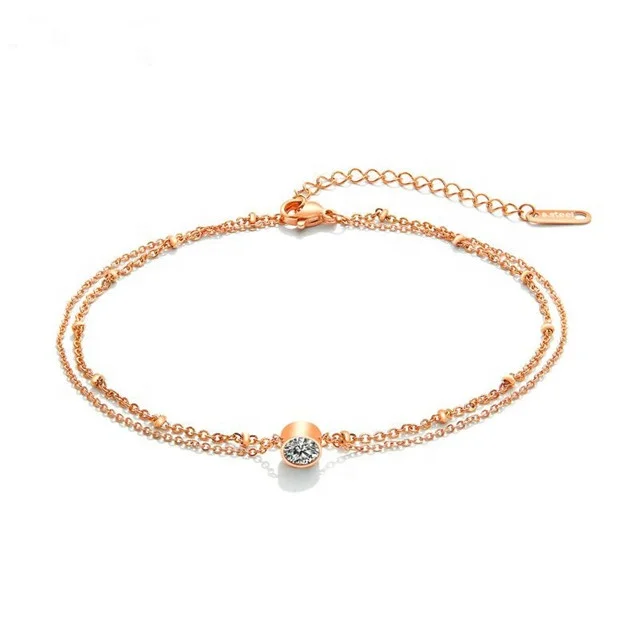 

Free Shipping Jewelry Steel Plated Rose Gold Double Layer Single Drill 3A CZ Anklet