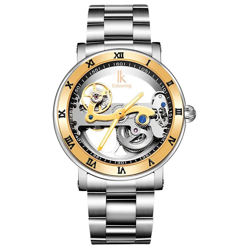 

luxury stainless steel IK colouring brand visible movement mens mechanical watch, Gold;silver